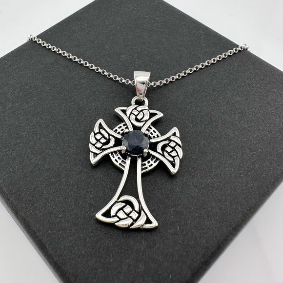 Bold Celtic Cross with Black Sapphire Center - Sterling Silver with 18" Chain - Picture 1 of 9